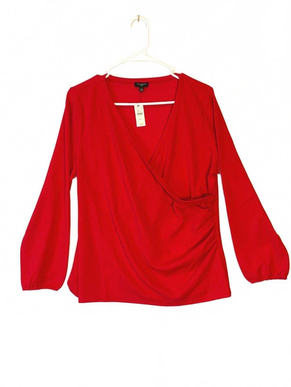 Talbots Petite Faux Wrap Top PXL Red Long Sleeve Stretch NWT